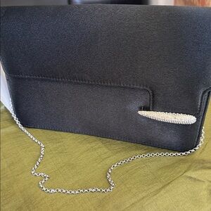 Swarovski Black Satin Evening Clutch with Crystal Accent, silver chain
